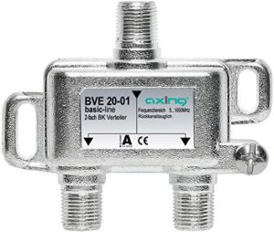 Axing BVE 20-01 2-Fach BK-Verteiler (5-1000 MHz) für Kabelfernsehen und DVB-T2 HD, F-Anschlüsse