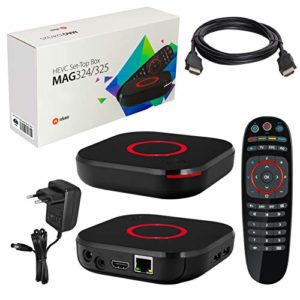 MAG 324 original Infomir & HB-DIGITAL IPTV Set TOP Box Multimedia Player Internet TV IP Receiver (HEVC H.256 Support) + HB Digital HDMI Kabel